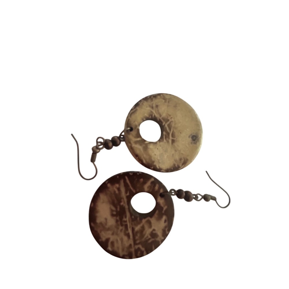 Natural Coconut Shell Round Cutout Drop Earrings Boho Brown Wood Dangle